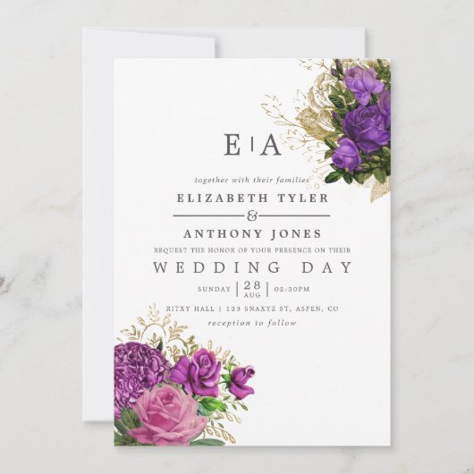 紫および金ゴールドヴィンテージフローラモノグラム結婚ズ 招待状 (正面)