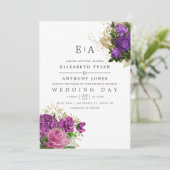 紫および金ゴールドヴィンテージフローラモノグラム結婚ズ 招待状 (スタンド正面)