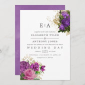 紫および金ゴールドヴィンテージフローラモノグラム結婚ズ 招待状 (正面/裏面)