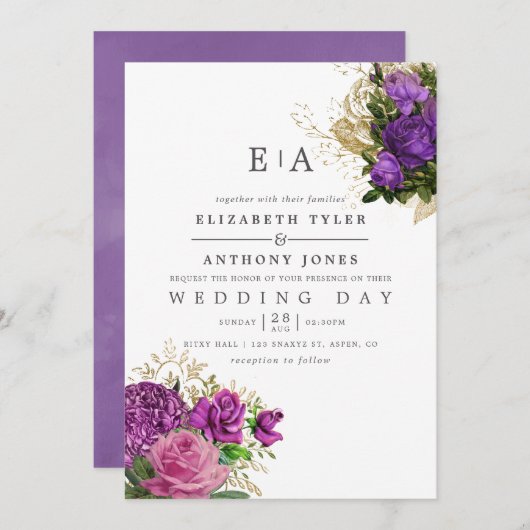 紫および金ゴールドヴィンテージフローラモノグラム結婚ズ 招待状 (正面/裏面)