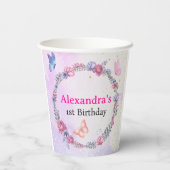 紫お洒落エレガントピンク蝶フローラ 紙コップ (裏面)