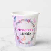 紫お洒落エレガントピンク蝶フローラ 紙コップ (正面)