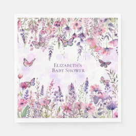 紫お洒落ピンク蝶とワイルドフラワー スタンダードランチョンナプキン