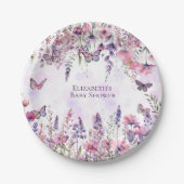 紫お洒落ピンク蝶とワイルドフラワー ペーパープレート (正面)