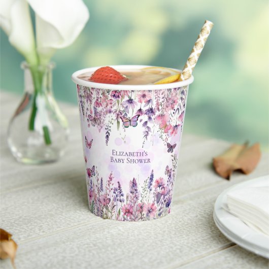 紫お洒落ピンク蝶とワイルドフラワー 紙コップ (インサイチュ)