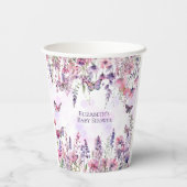 紫お洒落ピンク蝶とワイルドフラワー 紙コップ (裏面)
