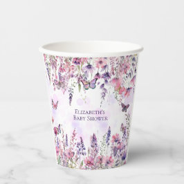 紫お洒落ピンク蝶とワイルドフラワー 紙コップ