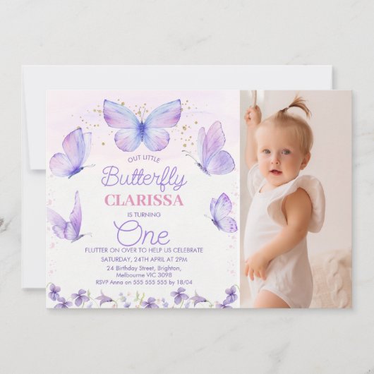 紫お洒落フォトバタフライ1歳の誕生日 招待状 (正面)