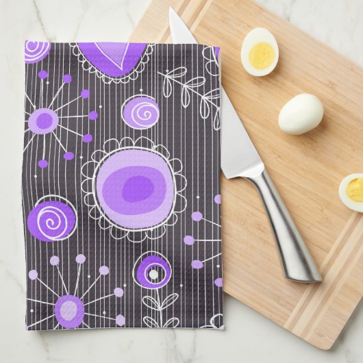 紫お洒落灰色ハートと花フローラ キッチンタオル (四つ折り)