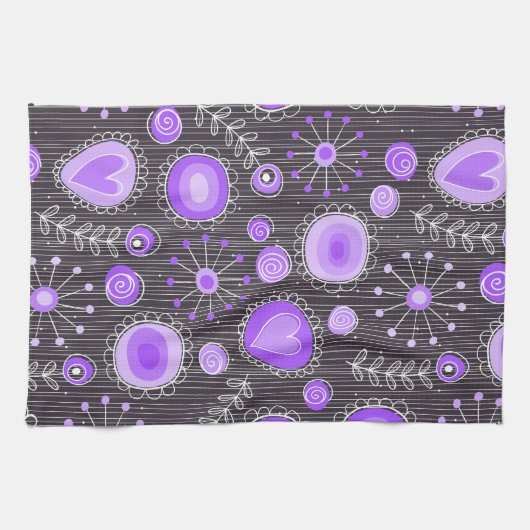 紫お洒落灰色ハートと花フローラ キッチンタオル (横)