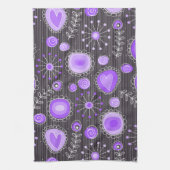 紫お洒落灰色ハートと花フローラ キッチンタオル (縦)