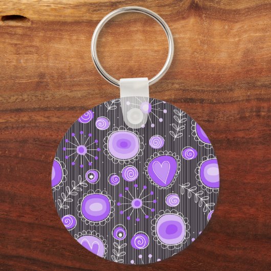 紫お洒落灰色ハートと花フローラ キーホルダー (正面)