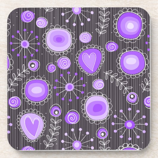 紫お洒落灰色ハートと花フローラ コースター (正面)