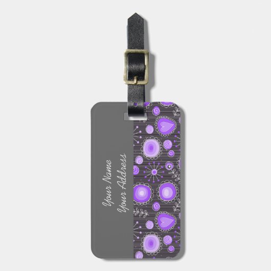 紫お洒落灰色ハートと花フローラ ラゲッジタグ (正面縦)