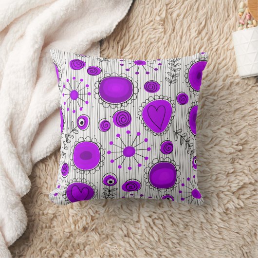 紫お洒落白ハートと花フローラ クッション (ブランケット)