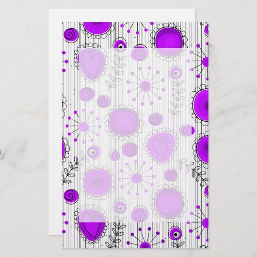 紫お洒落白ハートと花フローラ 便箋 (正面/裏面)