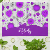 紫お洒落白ハート花フローラ名 キッチンタオル (折り畳み)