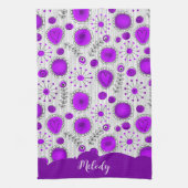 紫お洒落白ハート花フローラ名 キッチンタオル (縦)