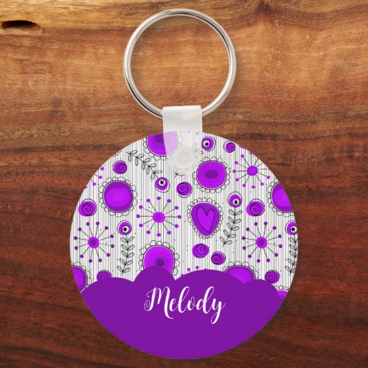 紫お洒落白ハート花フローラ名 キーホルダー (正面)