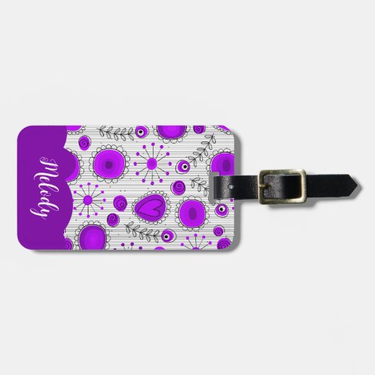 紫お洒落白ハート花フローラ名 ラゲッジタグ (正面横)