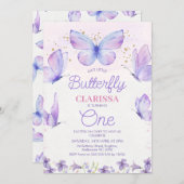 紫お洒落私たちの小さな蝶1st誕生日 招待状 (正面/裏面)