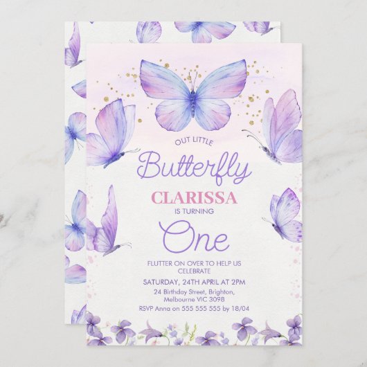 紫お洒落私たちの小さな蝶1st誕生日 招待状 (正面/裏面)