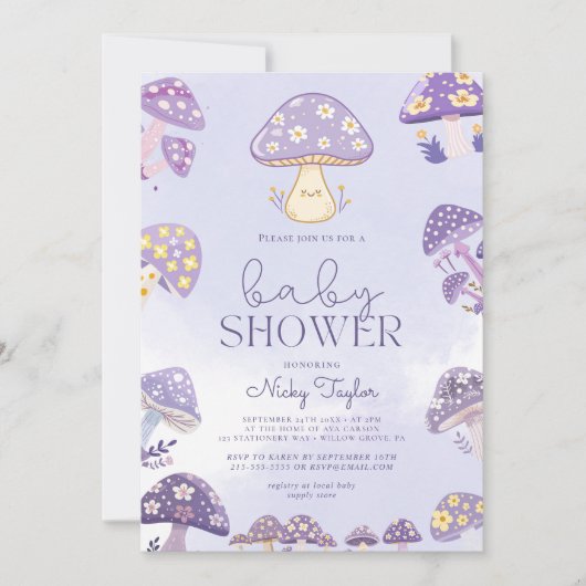 紫かわいいキノコ赤ちゃんシャワー招待状 招待状 (正面)