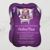 紫かわいいテディベアーガールベビーシャワー 招待状 (正面/裏面)