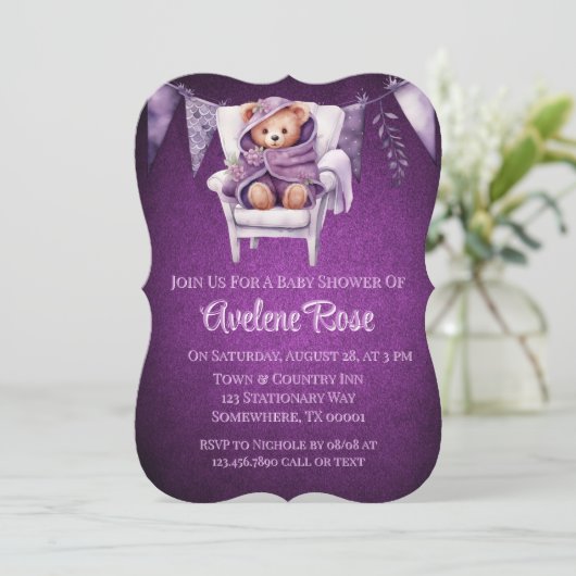 紫かわいいテディベアーガールベビーシャワー 招待状 (スタンド正面)