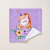 紫かわいいユニコーンと花模様モノグラム バスタオルセット (ウォッシュタオル)
