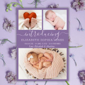 紫かわいい女の子の誕生発表フォトコラージュ 案内状