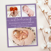 紫かわいい女の子の誕生発表フォトコラージュ 案内状