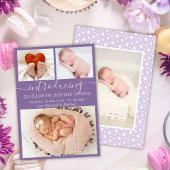 紫かわいい女の子の誕生発表フォトコラージュ 案内状