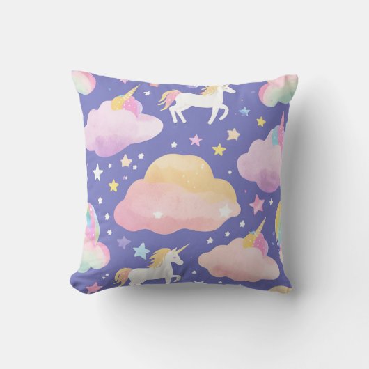 紫かわいい虹のユニコーン誕生日の女の子の子 クッション (正面)