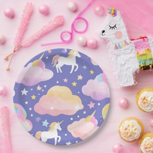 紫かわいい虹のユニコーン誕生日の女の子の子 ペーパープレート (パーティー)