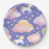 紫かわいい虹のユニコーン誕生日の女の子の子 ペーパープレート (正面)
