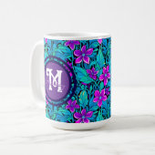 紫かわいらしとティール(緑がかった色)ブルーフローラパーソナライズされた コーヒーマグカップ (正面左)