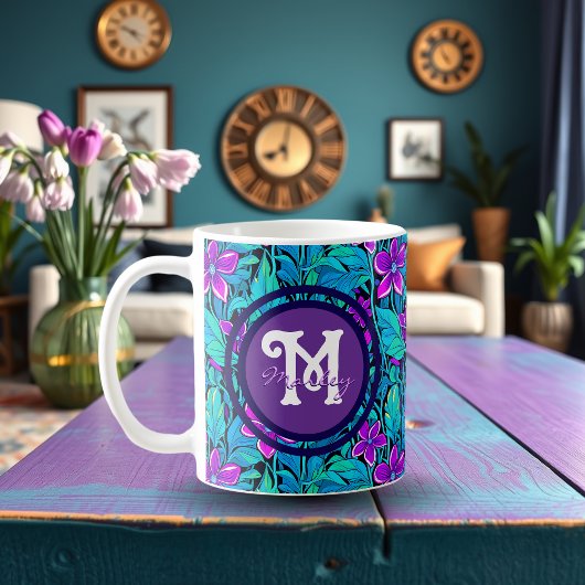 紫かわいらしとティール(緑がかった色)ブルーフローラパーソナライズされた コーヒーマグカップ