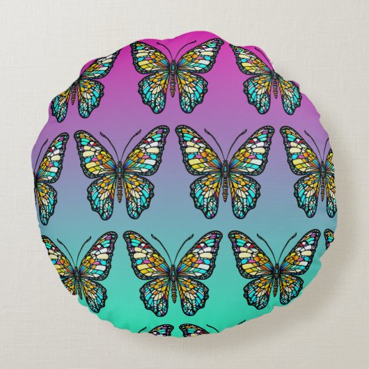 紫かわいらしとティール（緑がかった色）蝶パーソナライズされた ラウンドクッション (裏面)