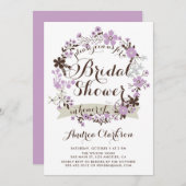 紫かわいらしと灰色のフローラリースブライダルシャワー 招待状 (正面/裏面)