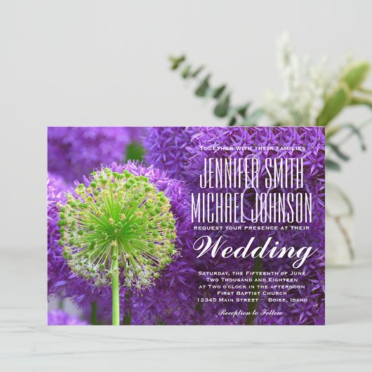 紫かわいらしと緑の花の結婚式招待状 招待状 (スタンド正面)
