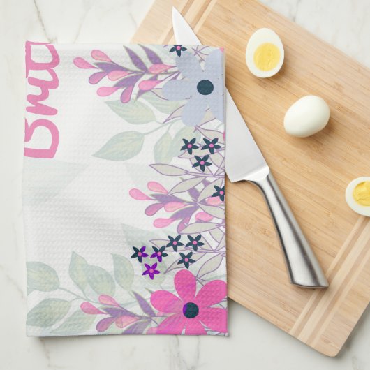 紫かわいらしと青のフローラ キッチンタオル (四つ折り)