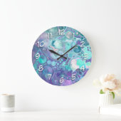 紫かわいらしと青の抽象芸術大理石フェイク石 ラージ壁時計 (ホーム)