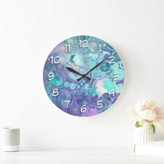 紫かわいらしと青の抽象芸術大理石フェイク石 ラージ壁時計 (ホーム)