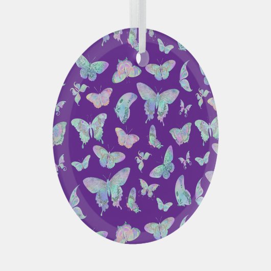 紫かわいらしのクリスマスに虹色の蝶 ガラスオーナメント (正面右)
