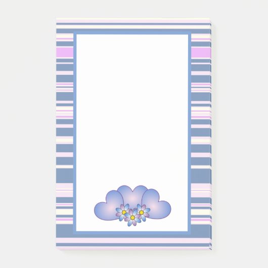 紫かわいらしのストライプハートと花 ポストイット (正面)