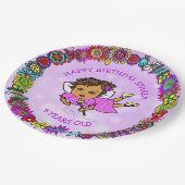 紫かわいらしの妖精と花の縁ど誕生日 ペーパープレート (アングル)