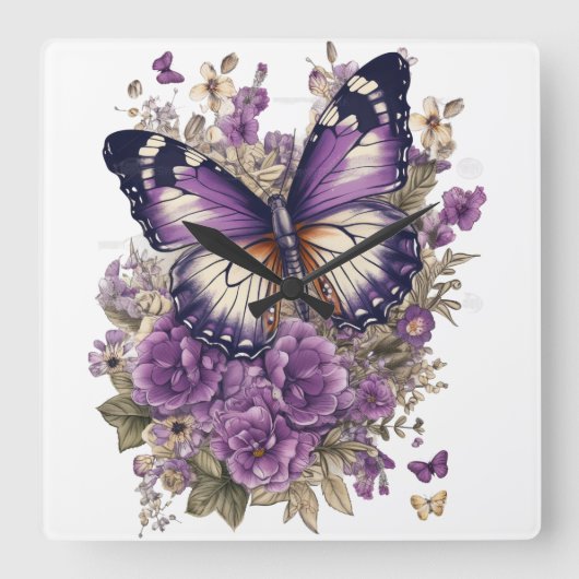 紫かわいらしの水彩蝶と花 スクエア壁時計 (正面)