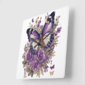 紫かわいらしの水彩蝶と花 スクエア壁時計 (傾斜)