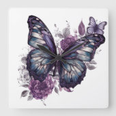 紫かわいらしの水彩蝶と花 スクエア壁時計 (正面)